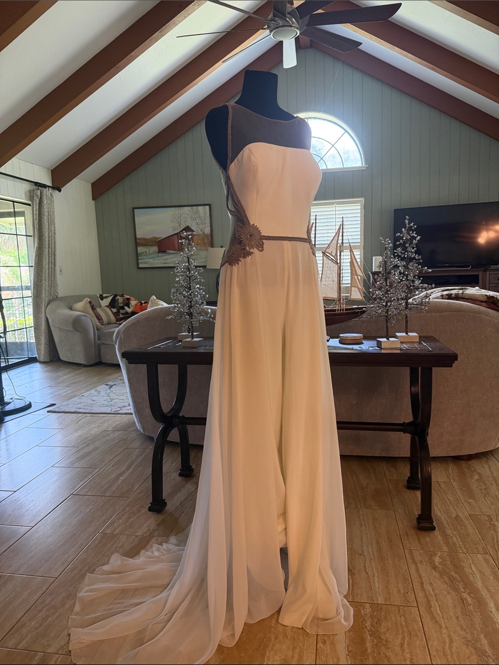 GEMY MAALOUF star’s favorite designer Ivory Chiffon backless Pantsuit w/train